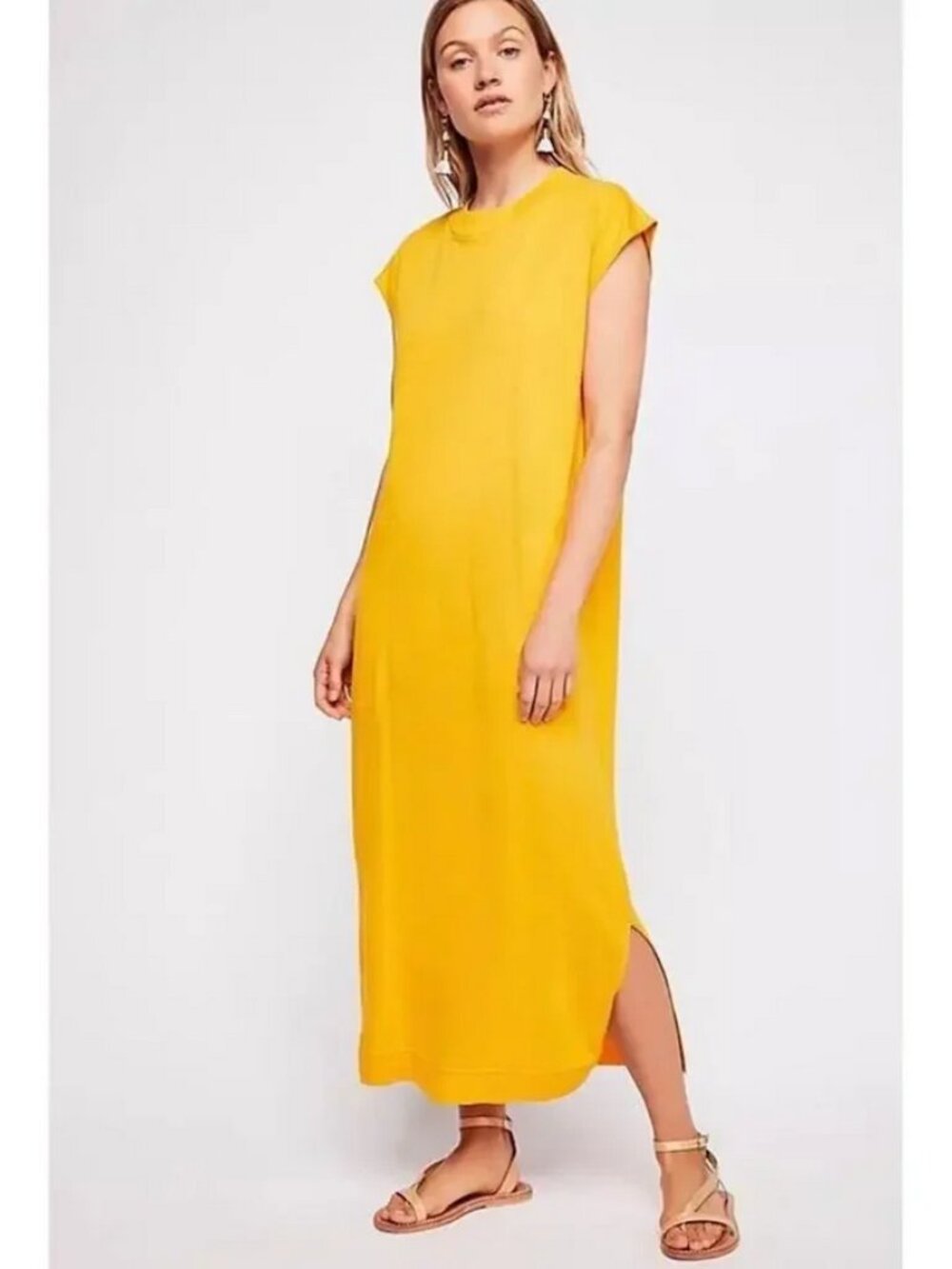Free People All Day Long Midi T-Shirt Dress Mustard Cap Sleeve Pullover New XS